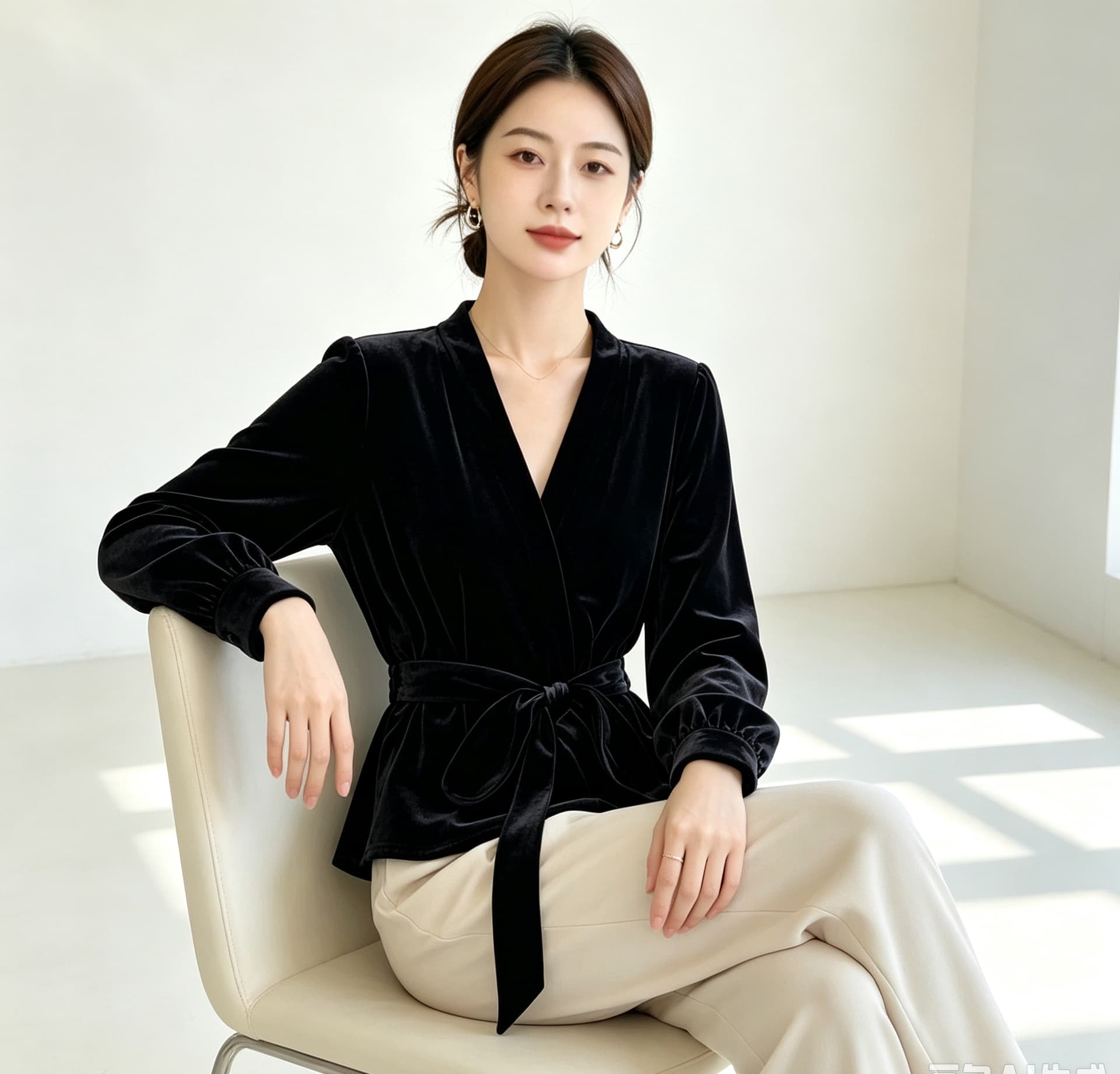 실사 빅 사이즈 여성 의류 가을 신제품 패션 작은 셔츠 외출용 셔츠 허리 수축 스트랩 오픈 가디건 금사 벨벳 맨위 이미지 2