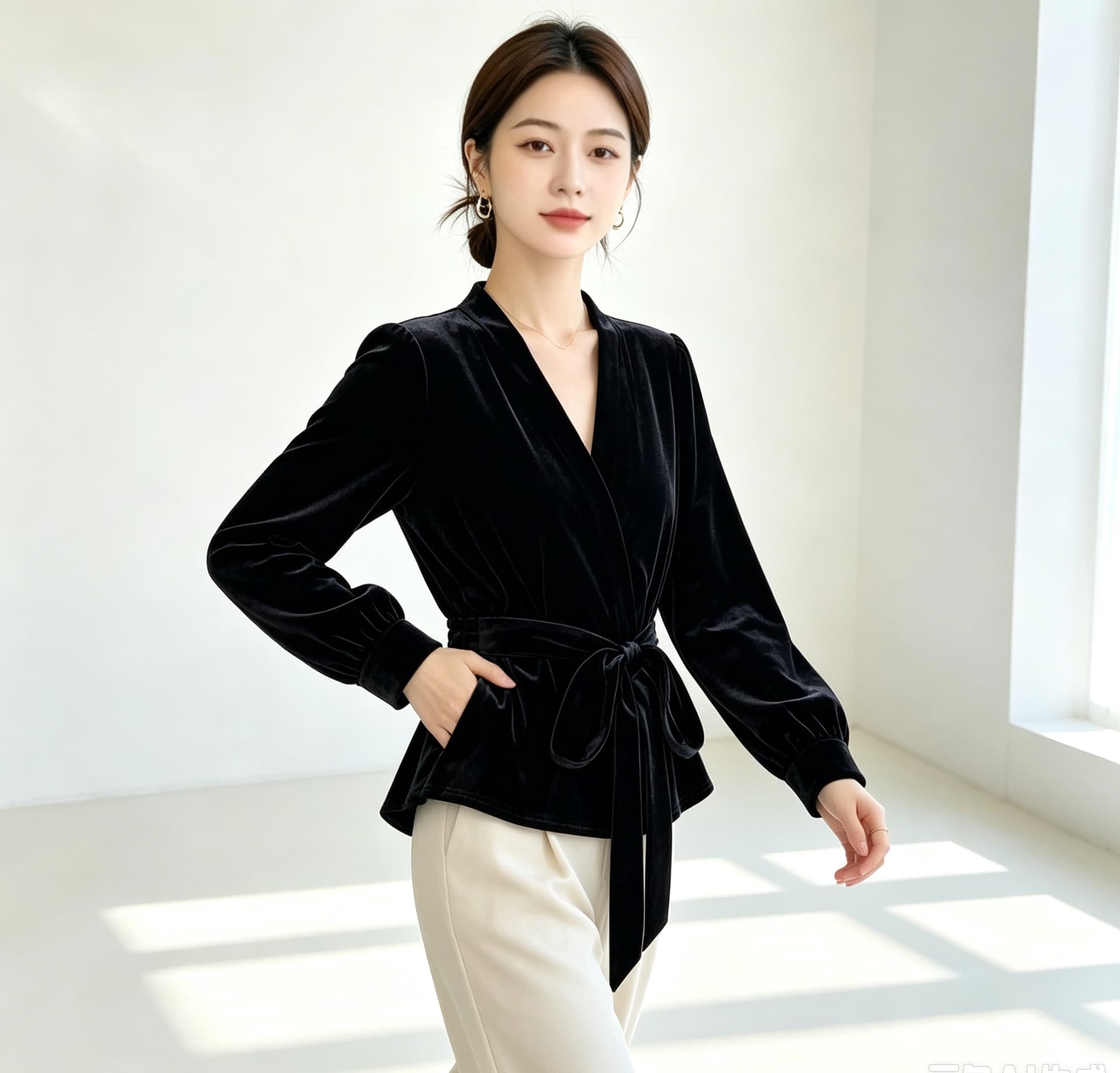 실사 빅 사이즈 여성 의류 가을 신제품 패션 작은 셔츠 외출용 셔츠 허리 수축 스트랩 오픈 가디건 금사 벨벳 맨위 상세 이미지 5
