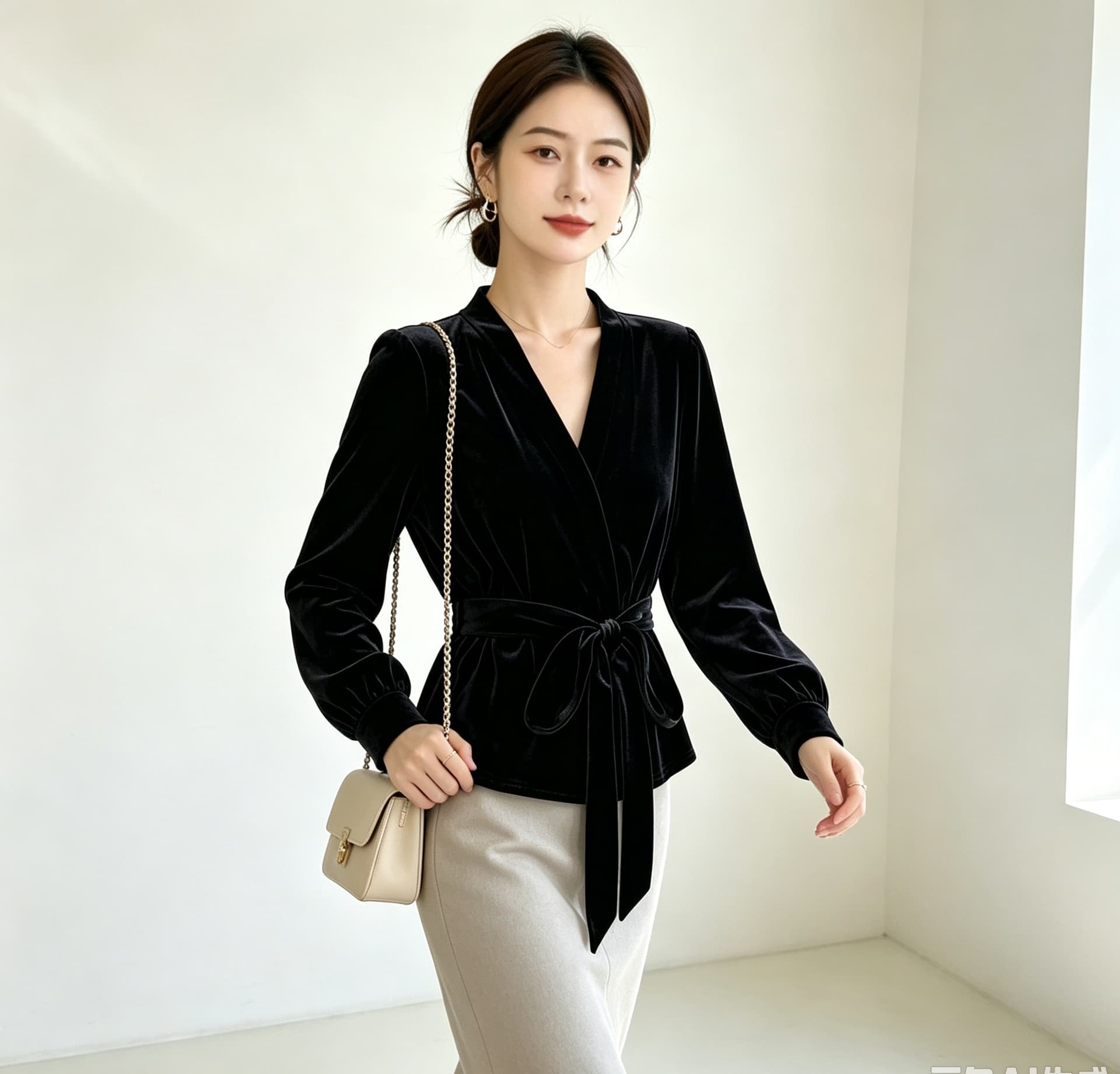 실사 빅 사이즈 여성 의류 가을 신제품 패션 작은 셔츠 외출용 셔츠 허리 수축 스트랩 오픈 가디건 금사 벨벳 맨위 상세 이미지 8