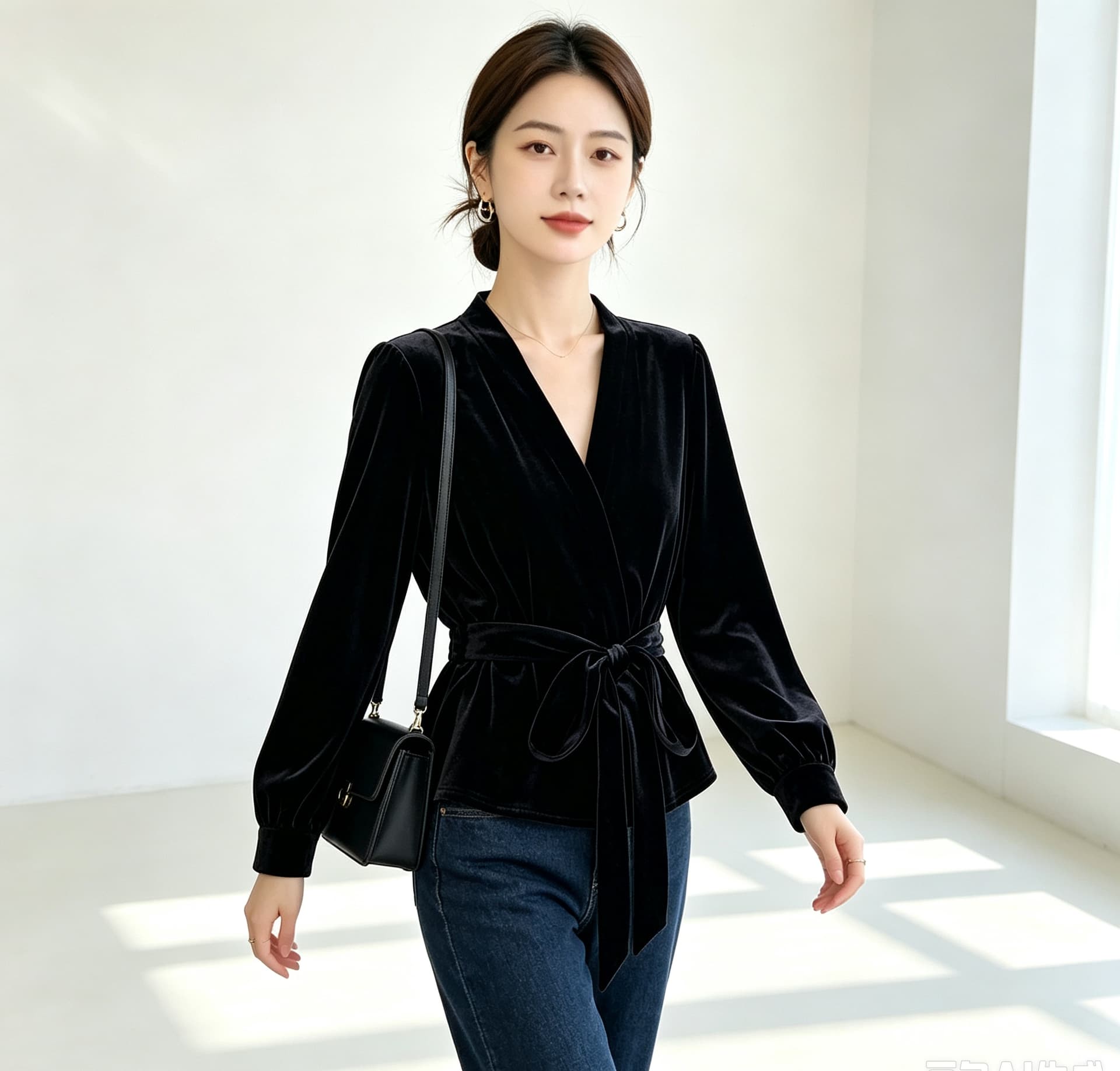 실사 빅 사이즈 여성 의류 가을 신제품 패션 작은 셔츠 외출용 셔츠 허리 수축 스트랩 오픈 가디건 금사 벨벳 맨위 상세 이미지 12