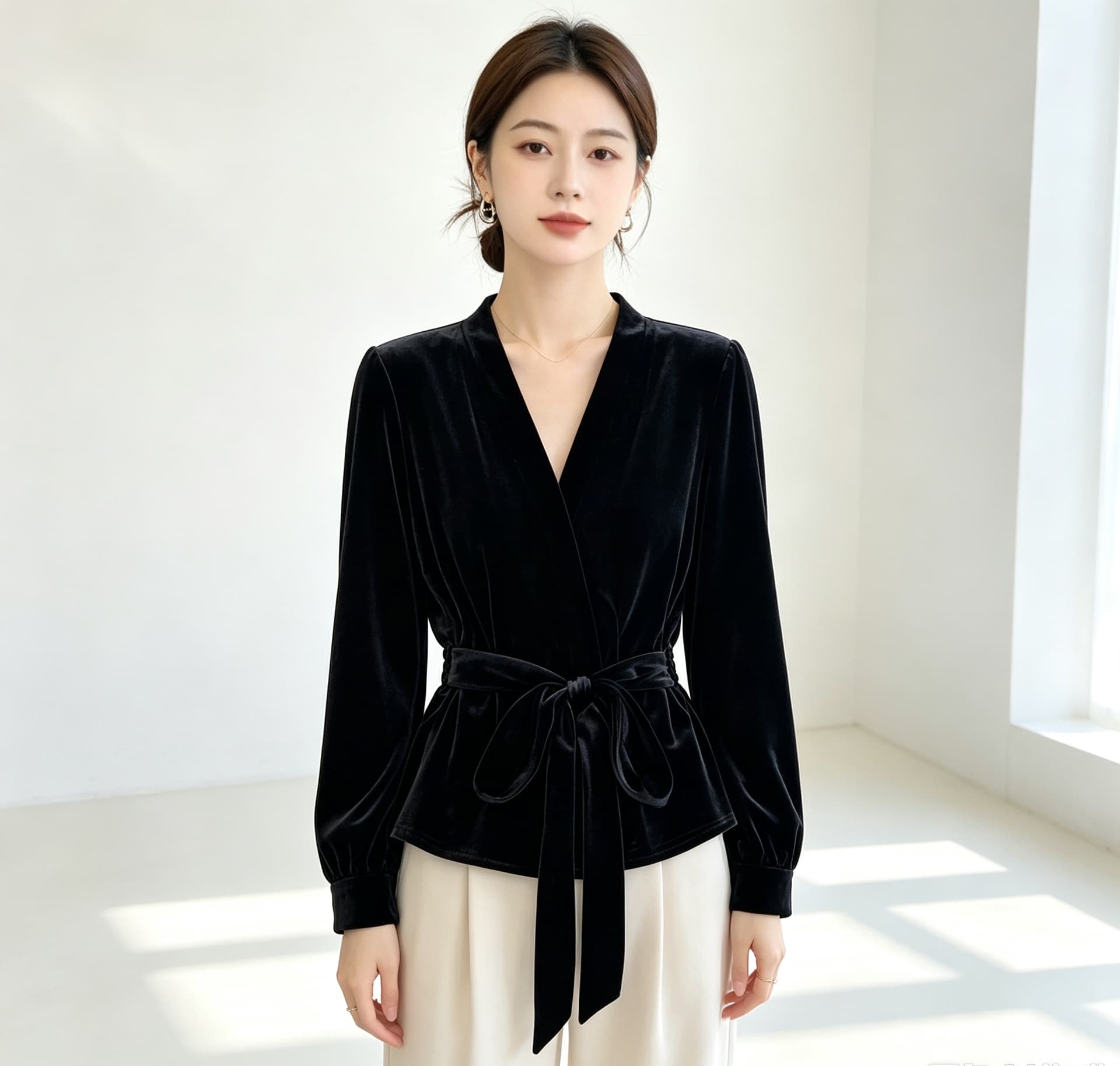 실사 빅 사이즈 여성 의류 가을 신제품 패션 작은 셔츠 외출용 셔츠 허리 수축 스트랩 오픈 가디건 금사 벨벳 맨위 상세 이미지 14