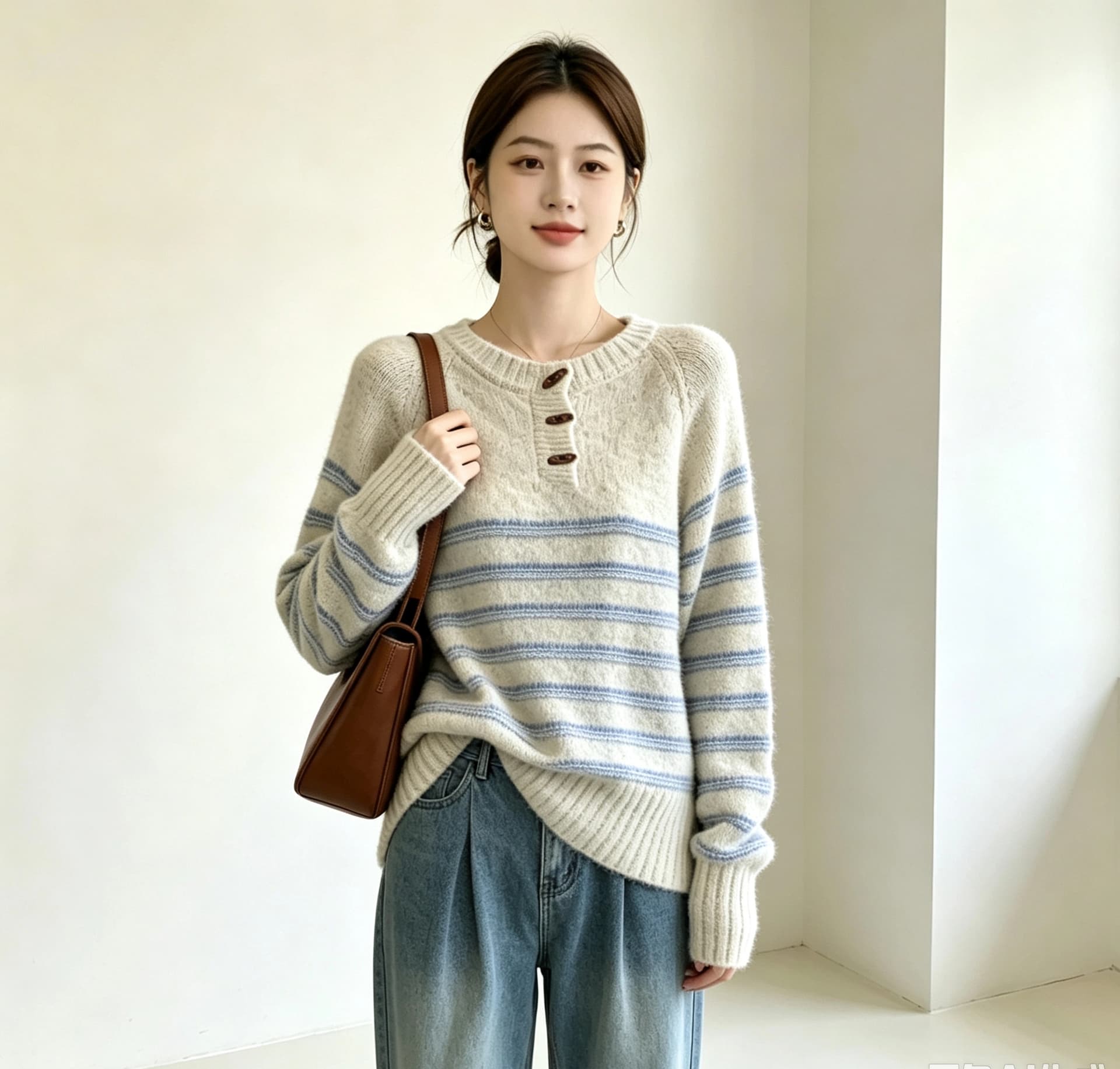 실사 빅 사이즈 고급 부드러운 찹쌀 배색 스트라이프 니트 스웨터 루즈핏 캐주얼 슬림해 보이는 라운드 넥 소뿔 버클 풀오버 상세 이미지 13