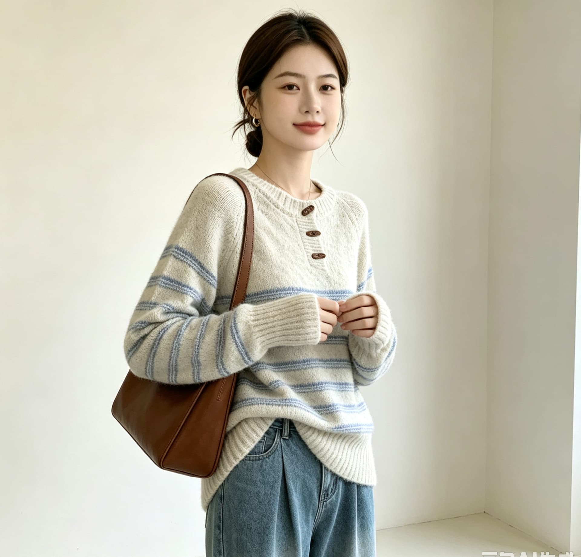 실사 빅 사이즈 고급 부드러운 찹쌀 배색 스트라이프 니트 스웨터 루즈핏 캐주얼 슬림해 보이는 라운드 넥 소뿔 버클 풀오버 상세 이미지 14