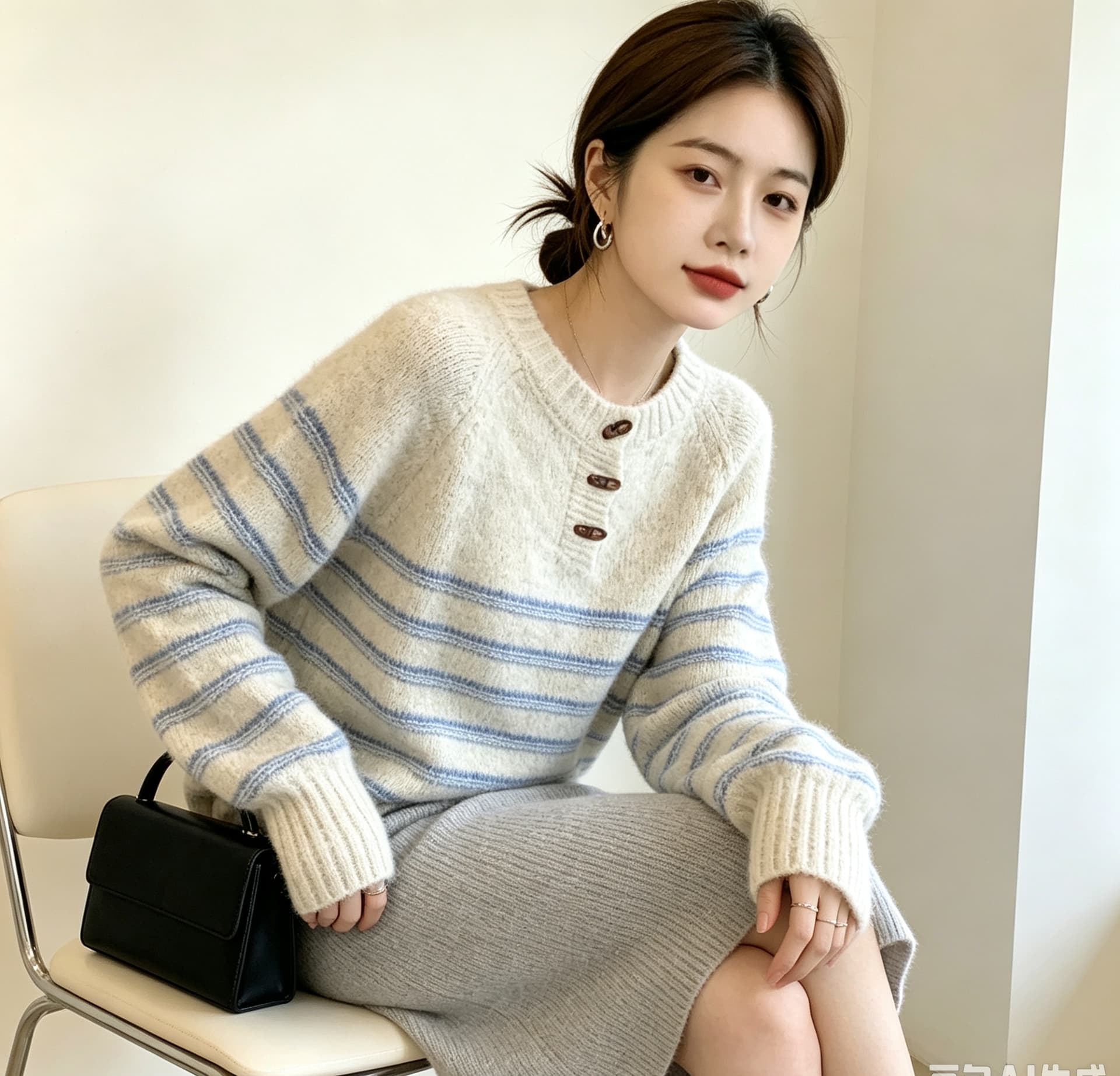 실사 빅 사이즈 고급 부드러운 찹쌀 배색 스트라이프 니트 스웨터 루즈핏 캐주얼 슬림해 보이는 라운드 넥 소뿔 버클 풀오버 상세 이미지 26
