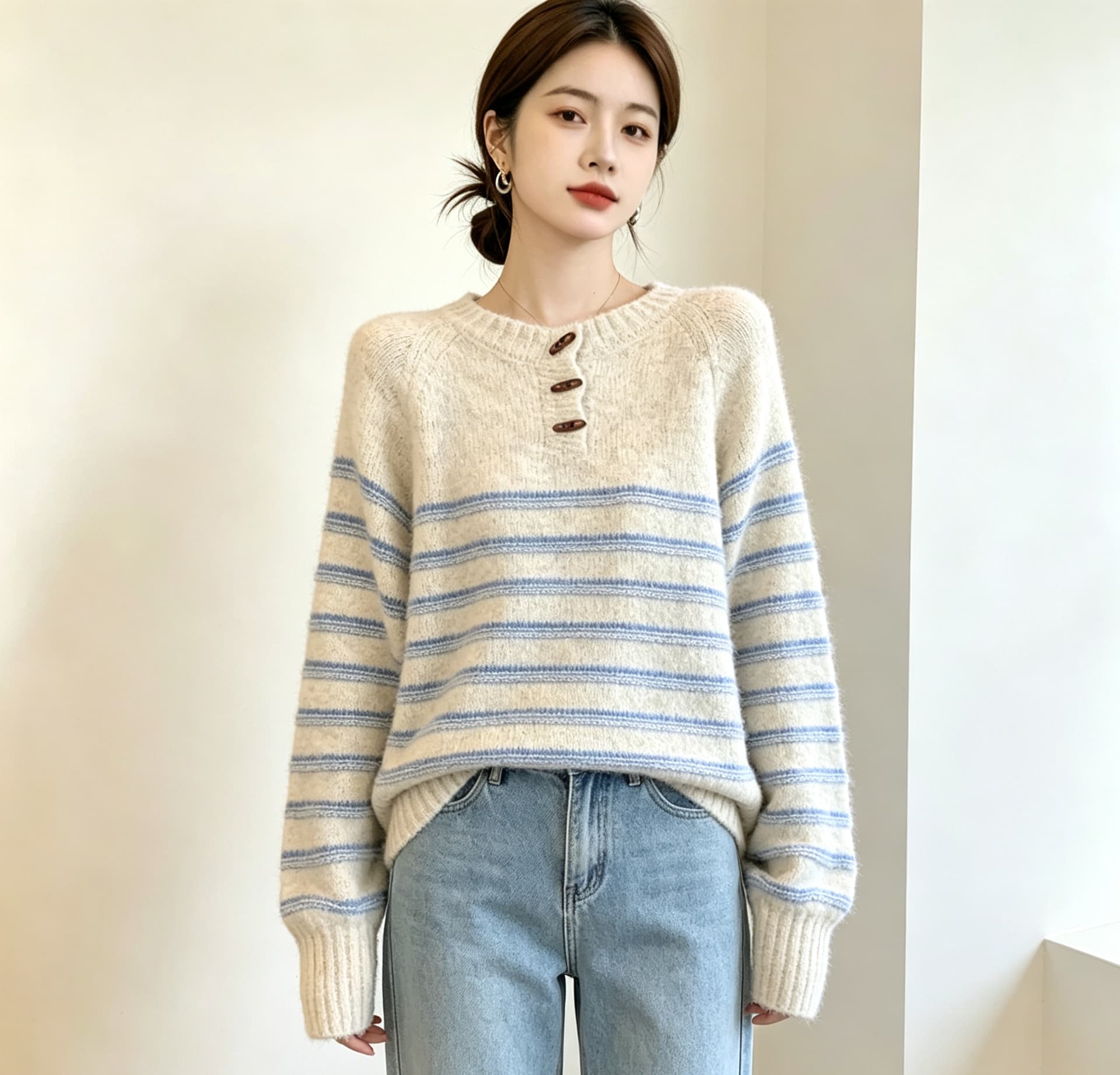 실사 빅 사이즈 고급 부드러운 찹쌀 배색 스트라이프 니트 스웨터 루즈핏 캐주얼 슬림해 보이는 라운드 넥 소뿔 버클 풀오버 상세 이미지 28