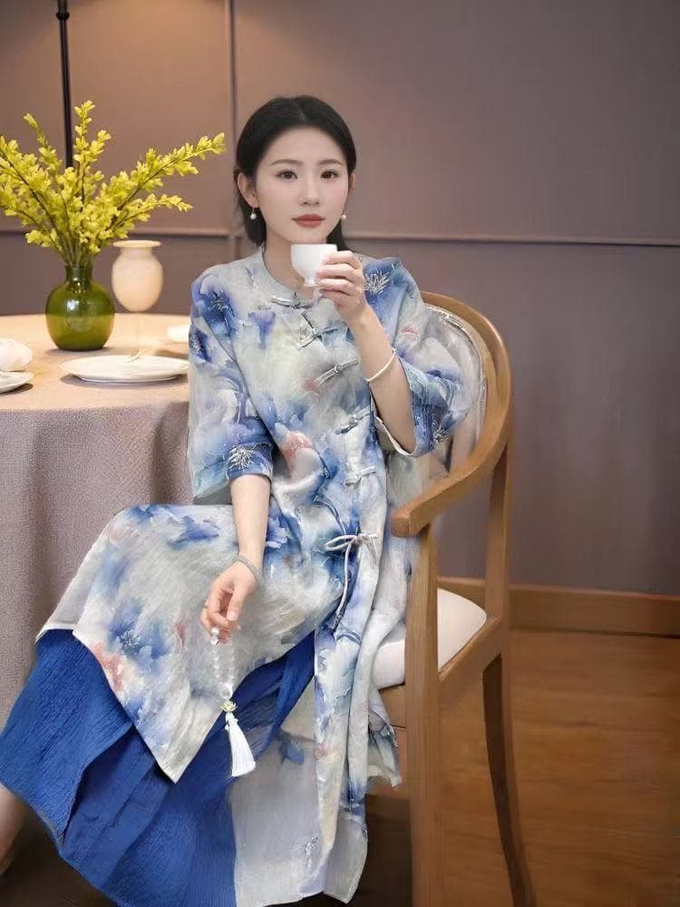 2026 새로운 레트로 캐주얼 다용도 새로운 중식 국풍 비스듬한 襟 단추 라미 로브 가을 상세 이미지 3
