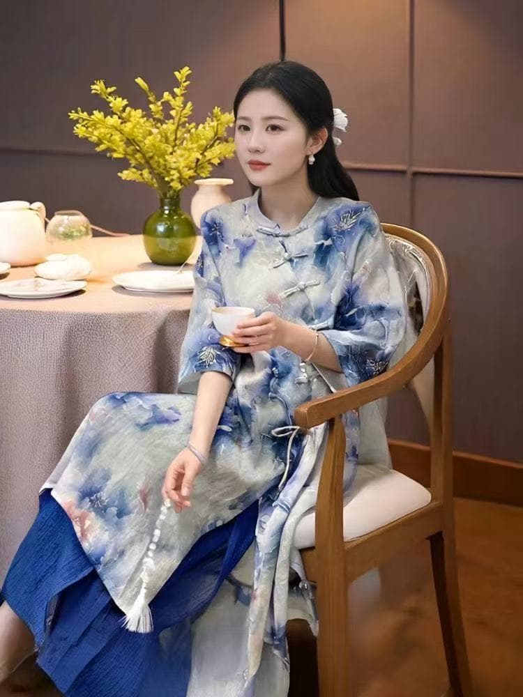 2026 새로운 레트로 캐주얼 다용도 새로운 중식 국풍 비스듬한 襟 단추 라미 로브 가을 상세 이미지 4