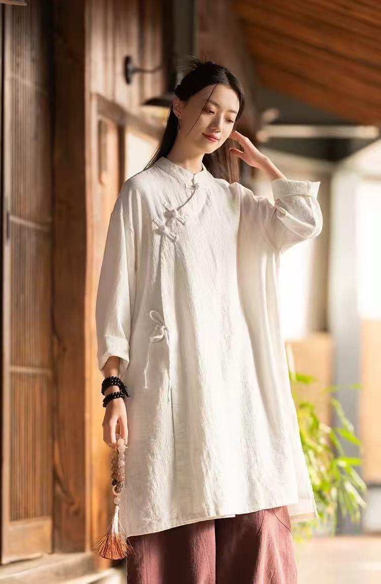중국풍 전통 단추 레이스업 면 린넨 차 서비스 셔츠 중간 길이 루즈핏 빅 사이즈 캐주얼 남녀 긴팔 태극권 서비스