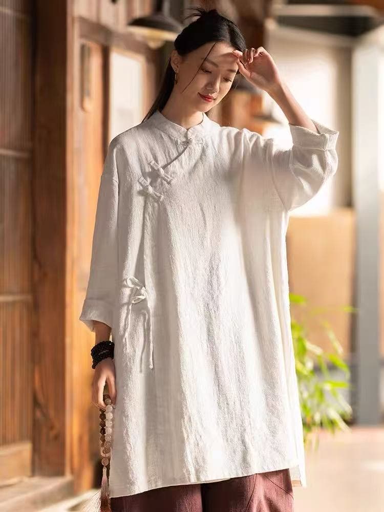 중국풍 전통 단추 레이스업 면 린넨 차 서비스 셔츠 중간 길이 루즈핏 빅 사이즈 캐주얼 남녀 긴팔 태극권 서비스 상세 이미지 1