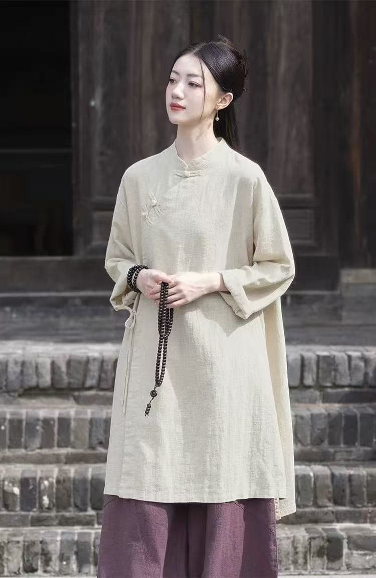 중국풍 전통 단추 레이스업 면 린넨 차 서비스 셔츠 중간 길이 루즈핏 빅 사이즈 캐주얼 남녀 긴팔 태극권 서비스 상세 이미지 7