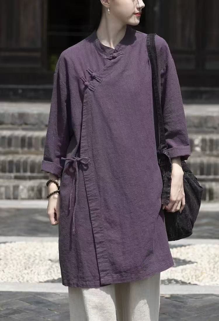 중국풍 전통 단추 레이스업 면 린넨 차 서비스 셔츠 중간 길이 루즈핏 빅 사이즈 캐주얼 남녀 긴팔 태극권 서비스 상세 이미지 10