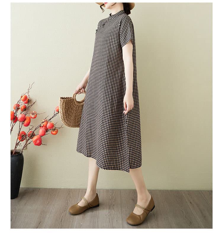 여름 빅 사이즈 여성 의류 면직물 작은 격자 루즈핏 캐주얼 다용도 개선 빅 사이즈 일상 반팔 치파오 중간 길이 스커트 이미지 3