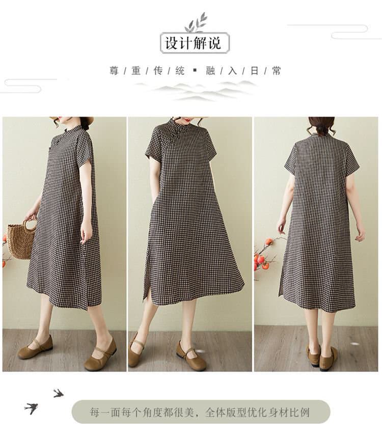 여름 빅 사이즈 여성 의류 면직물 작은 격자 루즈핏 캐주얼 다용도 개선 빅 사이즈 일상 반팔 치파오 중간 길이 스커트 상세 이미지 3