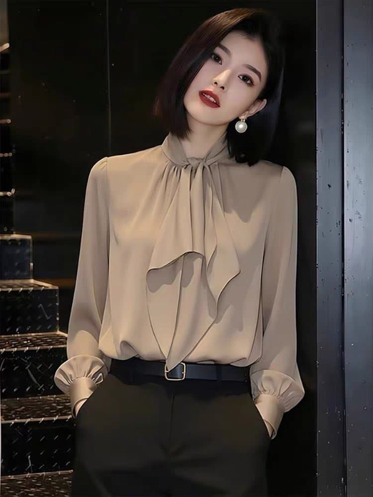 분위기 센스 빛 럭셔리 우아함 바람 레이스업 리본 여성 셔츠 2026 봄 새로운 고급 센스 다용도 출퇴근 셔츠 이미지 2