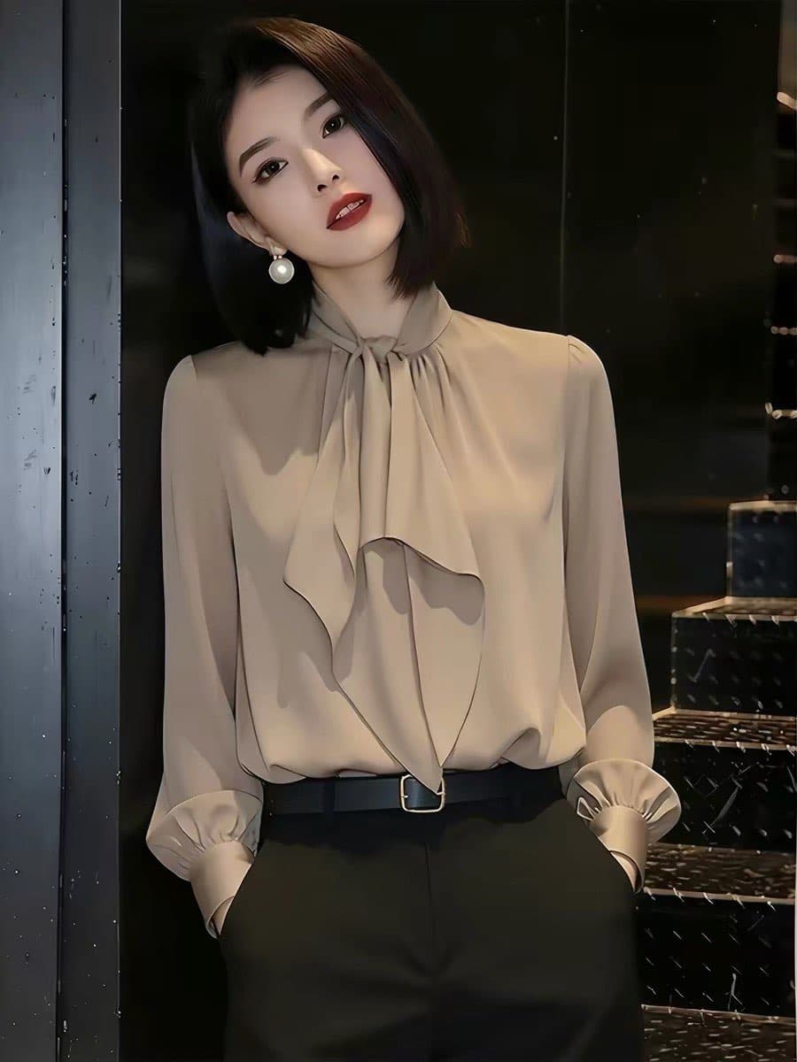 분위기 센스 빛 럭셔리 우아함 바람 레이스업 리본 여성 셔츠 2026 봄 새로운 고급 센스 다용도 출퇴근 셔츠 상세 이미지 2