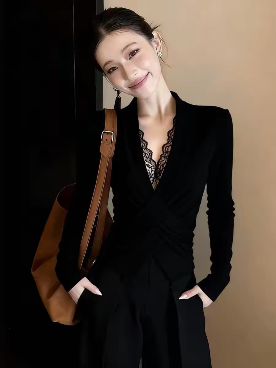 빛 럭셔리 바람 검정색 레이스 조각 맨위 긴팔 슬림해 보이는 고급 센스 출퇴근 2026 봄 새로운 한 부서 다용도 이미지 3