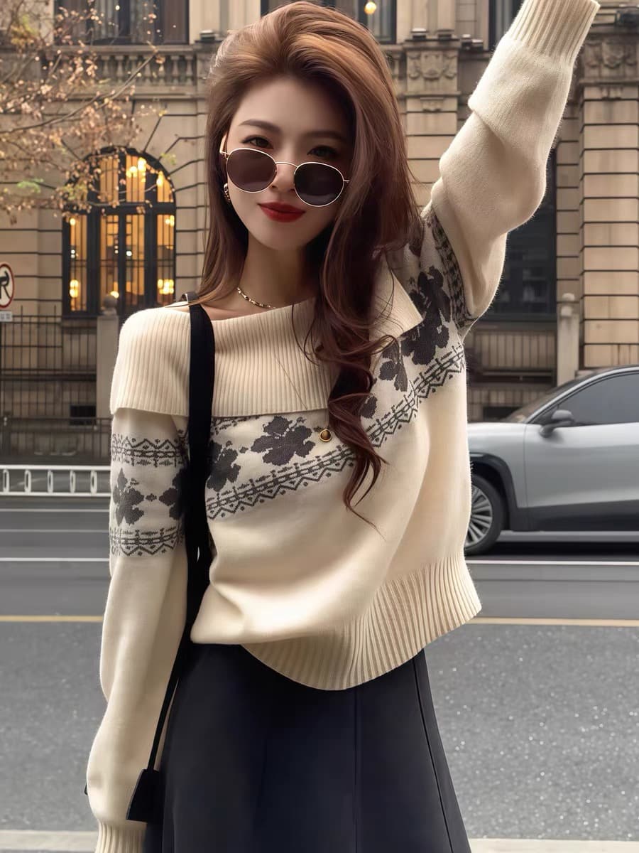 양모 혼방 공정한 섬 스웨터 겨울로 아름다운 옷 여성 의류 외국 가스 세련된 품격 상세 이미지 1