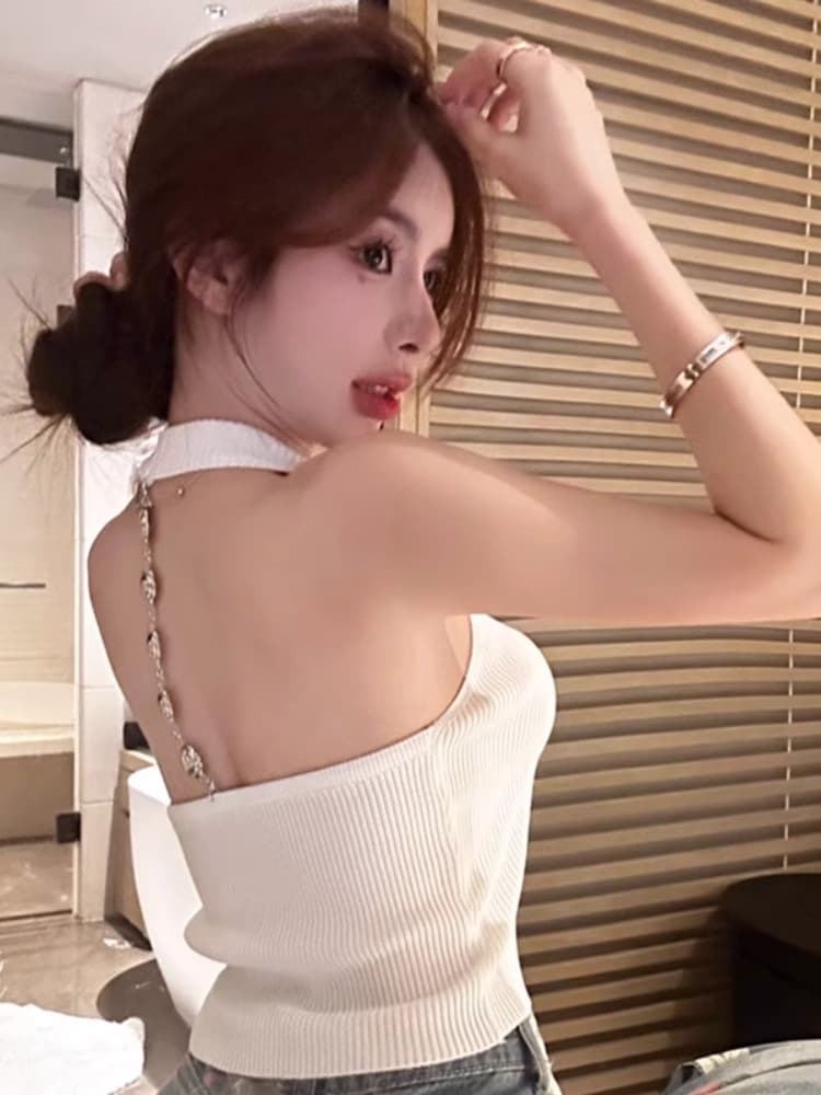 항구 바람 레트로 화이트 니트 행침 목 스타일 캐미솔 여름 작은 대중 순수한 욕망 핫걸 백리스 외출용 맨위 상세 이미지 1
