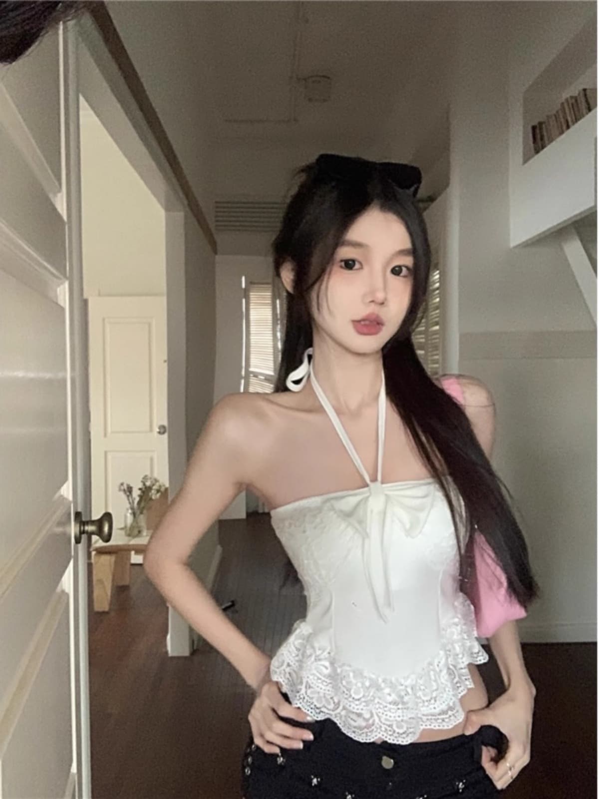 프랑스식 달콤함 나비 매듭 레이스 행침 목 캐미솔 여름 폭발 핫걸 슬림해 보이는 쇼트 스타일 튜브탑 맨위 이미지 4