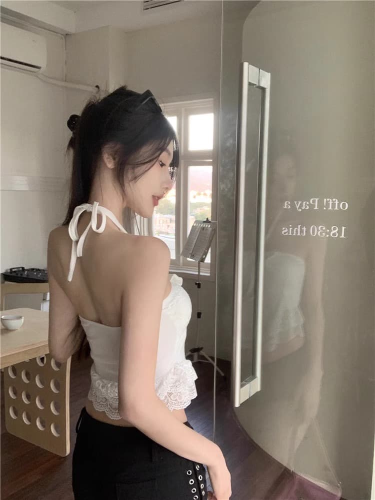 프랑스식 달콤함 나비 매듭 레이스 행침 목 캐미솔 여름 폭발 핫걸 슬림해 보이는 쇼트 스타일 튜브탑 맨위 상세 이미지 3