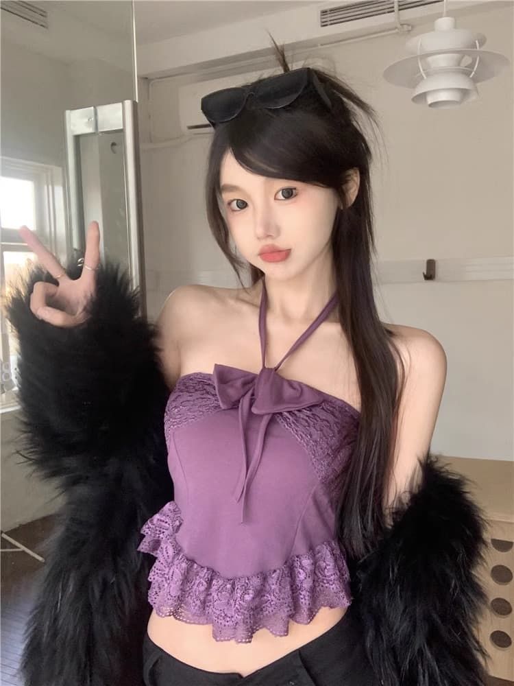 프랑스식 달콤함 나비 매듭 레이스 행침 목 캐미솔 여름 폭발 핫걸 슬림해 보이는 쇼트 스타일 튜브탑 맨위 상세 이미지 11