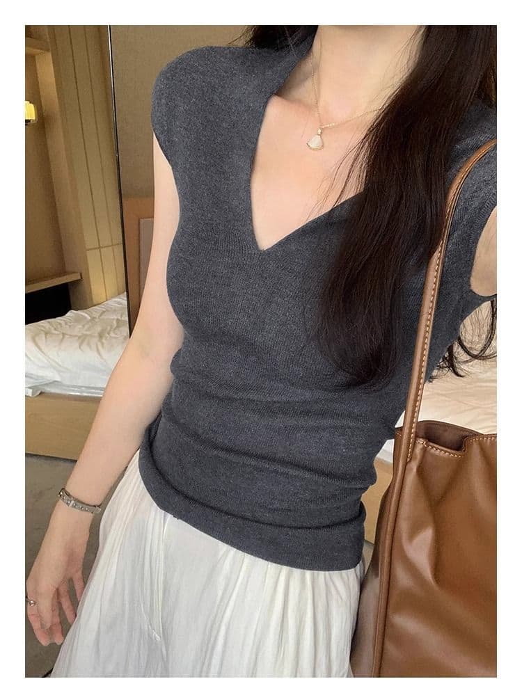한 부서 고급 센스 V넥 어깨 얇은 스타일 니트 반팔 티셔츠 여성 여름 새로운 몸매 가꾸기 슬림해 보이는 쇼트 스타일 맨위 트렌디 상세 이미지 9