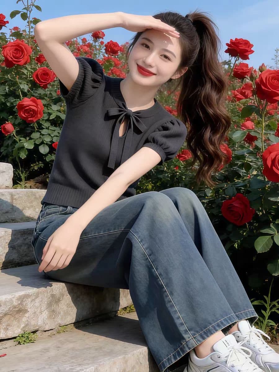 고급 센스 레이스업 V넥 니트 스웨터 여성 2026 봄 여름 빅 사이즈 지방 mm 레트로 다용도 몸매 가꾸기 슬림해 보이는 티셔츠 맨위 이미지 4