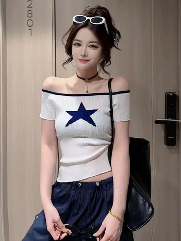 순수한 욕망 핫걸 오프숄더 스타 프린트 반팔 니트 스웨터 여성 2026 여름 새로운 몸매 가꾸기 슬림해 보이는 쇼트 스타일 맨위 상세 이미지 4