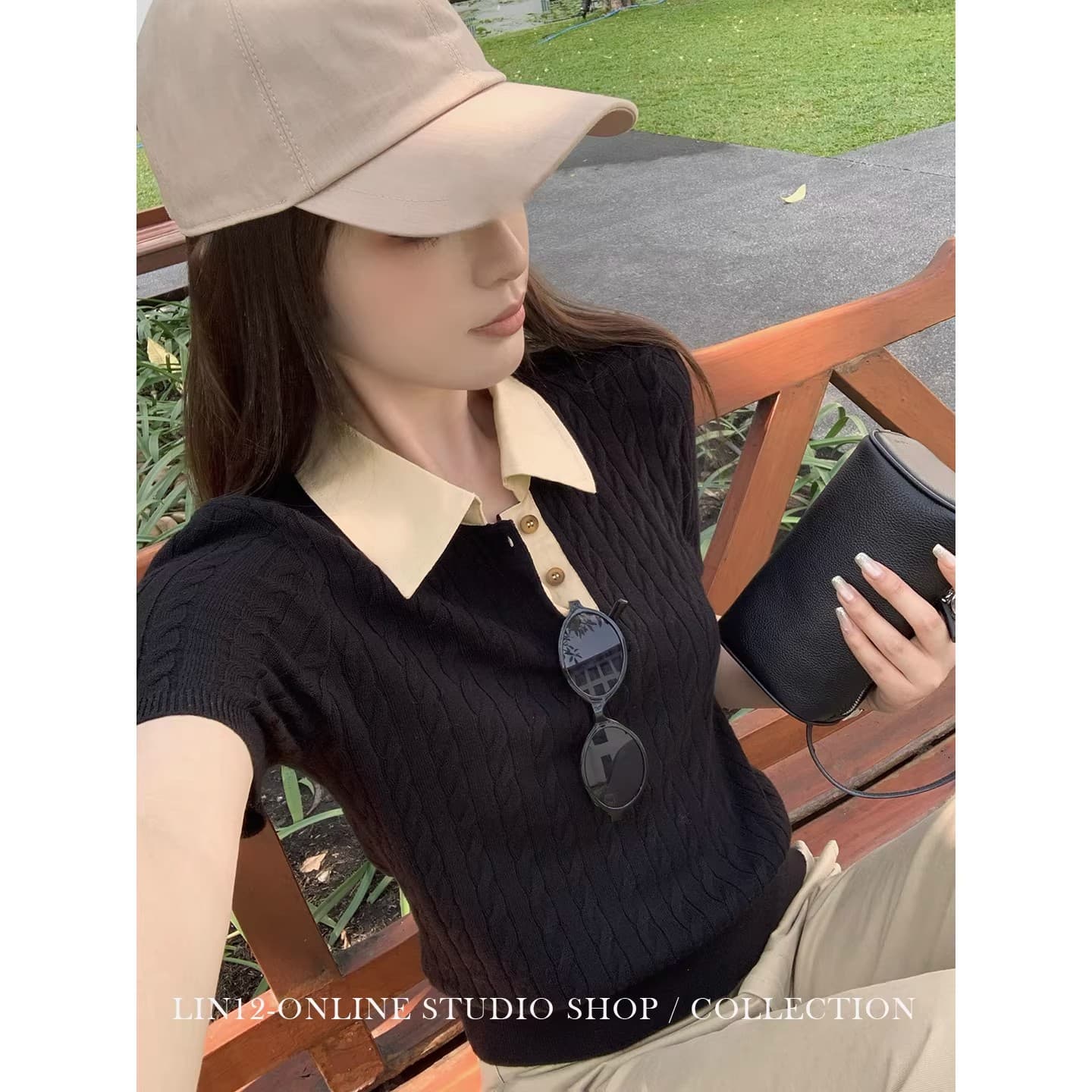 lin12-ivy style 레트로 POLO 칼라 꽈배기 반팔 양모 니트 스웨터 오래된 돈 긍정적 인 어깨 몸매 가꾸기 맨위 이미지 4