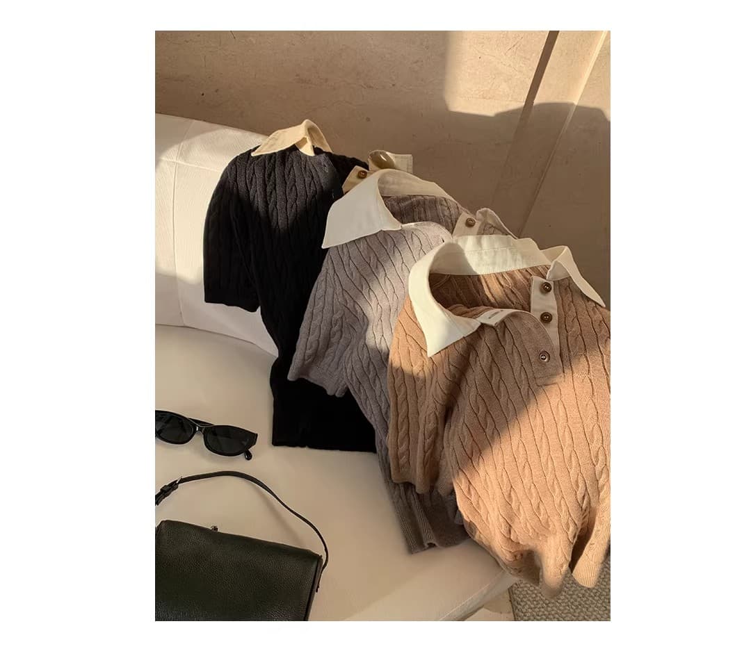lin12-ivy style 레트로 POLO 칼라 꽈배기 반팔 양모 니트 스웨터 오래된 돈 긍정적 인 어깨 몸매 가꾸기 맨위 상세 이미지 3