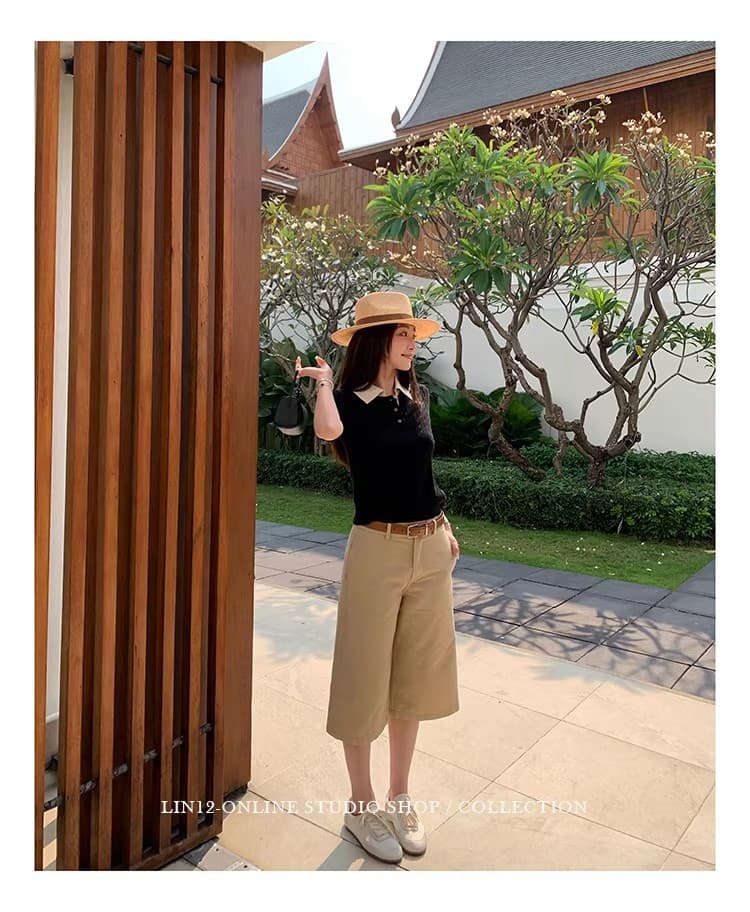 lin12-ivy style 레트로 POLO 칼라 꽈배기 반팔 양모 니트 스웨터 오래된 돈 긍정적 인 어깨 몸매 가꾸기 맨위 상세 이미지 33