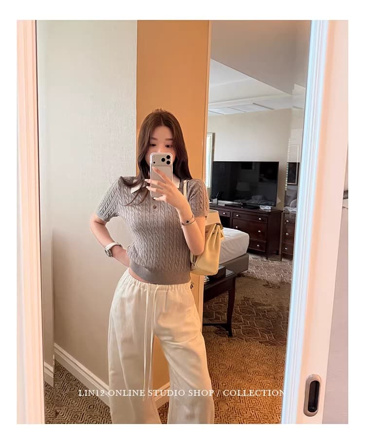lin12-ivy style 레트로 POLO 칼라 꽈배기 반팔 양모 니트 스웨터 오래된 돈 긍정적 인 어깨 몸매 가꾸기 맨위 상세 이미지 46