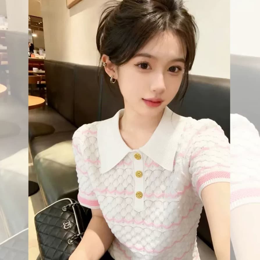 부드러운 바람 달콤함 POLO 칼라 화이트 반팔 티셔츠 여성 2026 여름 새로운 고유 한 아름다운 그레이트 봐. 의류 이미지 5