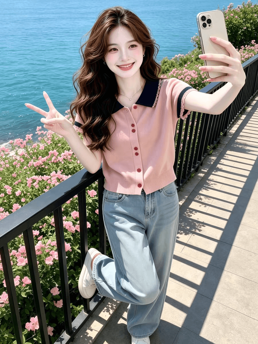 경관 그림 고급 와인 레드 레트로 연령 감소 반팔 티셔츠 여성 2026 여름 새로운 외국 가스 다용도 니트 스웨터 상세 이미지 2