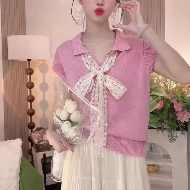 스탠드 칼라 품격 패치워크 레이스 반팔 여름 패션 외국 가스 통기성 캐주얼 인터넷 유명인 새로운 2025 디자인 센스 상세 이미지 4