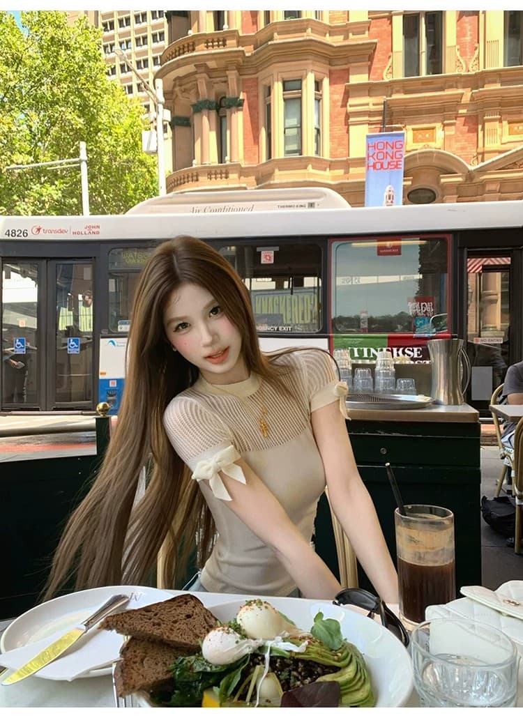 tongiiuu 웨이 니켈 소녀 라운드 넥 홀로우 아웃 나비 매듭 니트 반팔 티셔츠 여성 몸매 가꾸기 슬림해 보이는 맨위 여름 상세 이미지 19