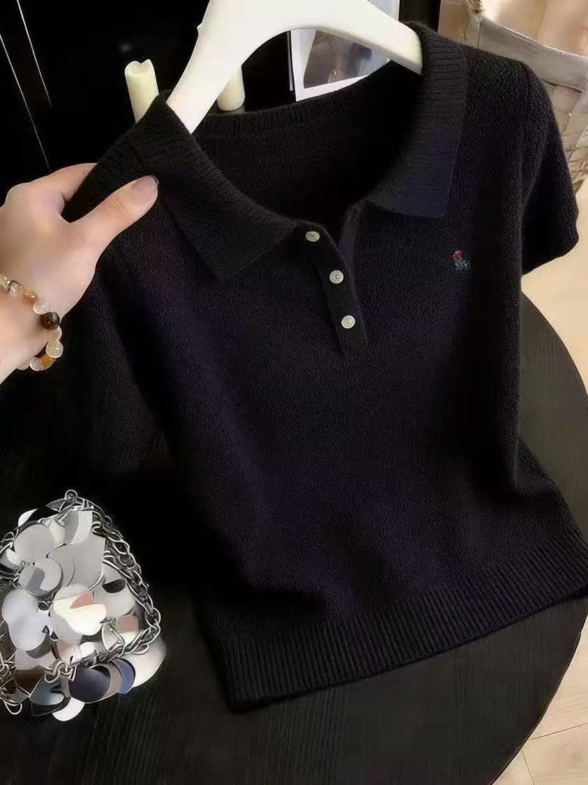 여름 새로운 POLO 칼라 반팔 티셔츠 여성 빅 사이즈 스트레이트 표지 고기 슬림해 보이는 단색 맨위 얇은 스타일 니트 스웨터 상세 이미지 7