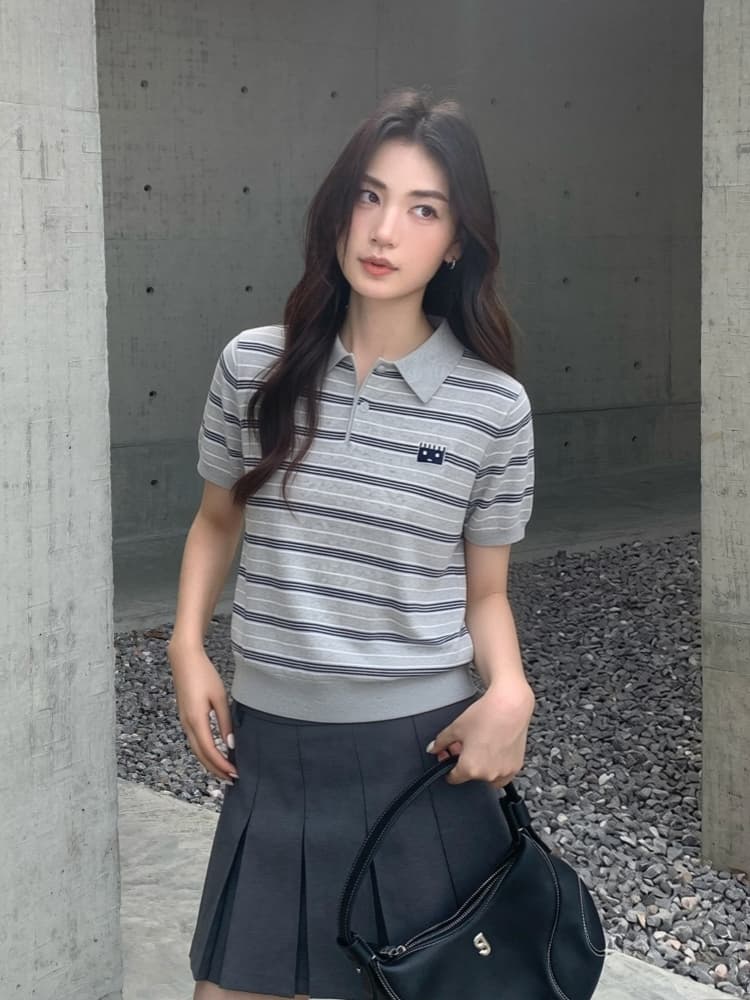 레트로 배색 스트라이프 자수 POLO 셔츠 반팔 티셔츠 여성 여름 새로운 학원 스타일 디자인 센스 쇼트 스타일 니트 상세 이미지 3