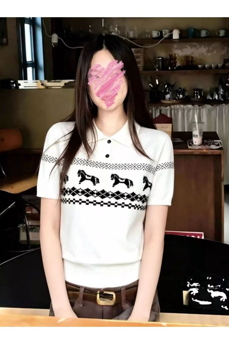 작은 말 공정한 섬 자카드 폴로 칼라 니트 스웨터 반팔 남녀 여름 조수 브랜드 오래된 돈 바람 POLO 칼라 맨위 tee 상세 이미지 7