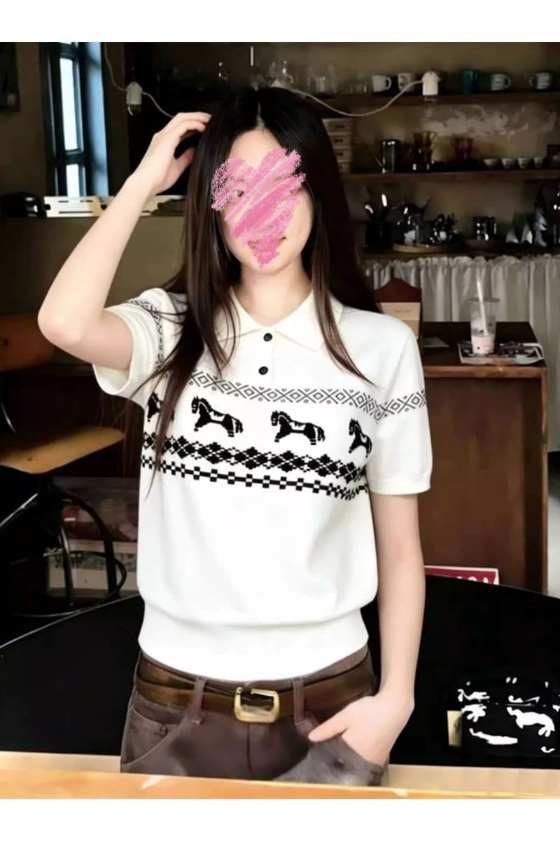 작은 말 공정한 섬 자카드 폴로 칼라 니트 스웨터 반팔 남녀 여름 조수 브랜드 오래된 돈 바람 POLO 칼라 맨위 tee 상세 이미지 9