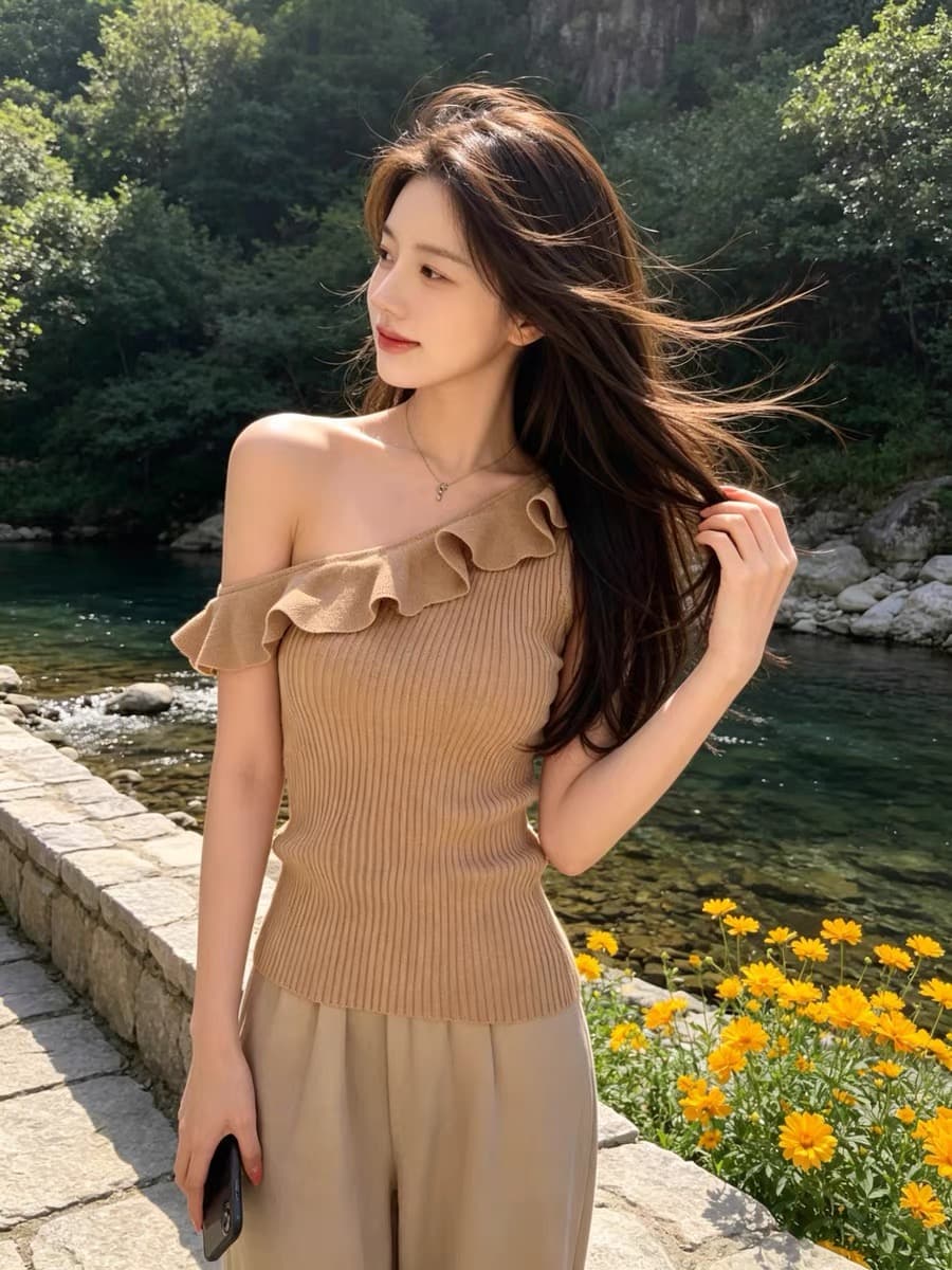 chicyou zimm 아름다움 센스 품격 슬림해 보이는 프릴 비스듬한 어깨 V넥 더블 버전 니트 조끼 상세 이미지 7