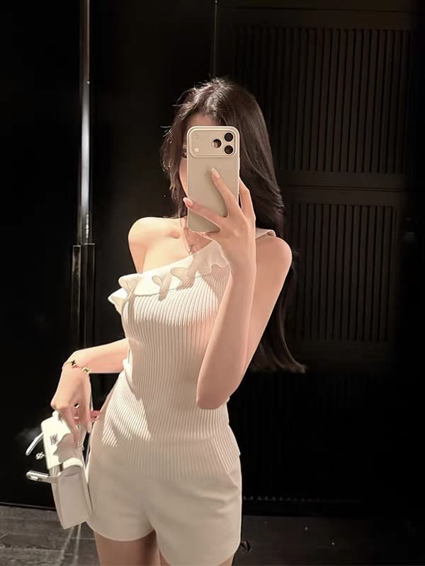 chicyou zimm 아름다움 센스 품격 슬림해 보이는 프릴 비스듬한 어깨 V넥 더블 버전 니트 조끼 상세 이미지 8