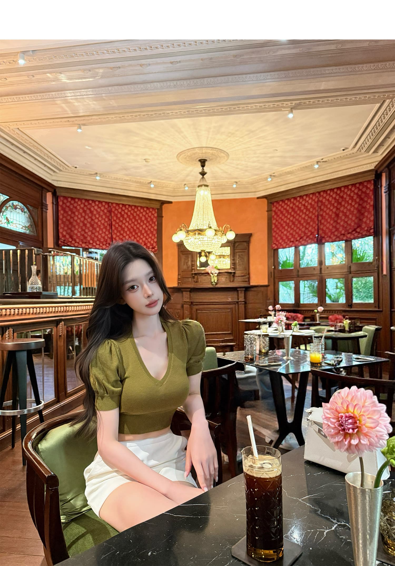 chicyou 부드러운 마음 디스플레이 몸 V넥 거품 소매 쇼트 스타일 니트 반팔 상세 이미지 18
