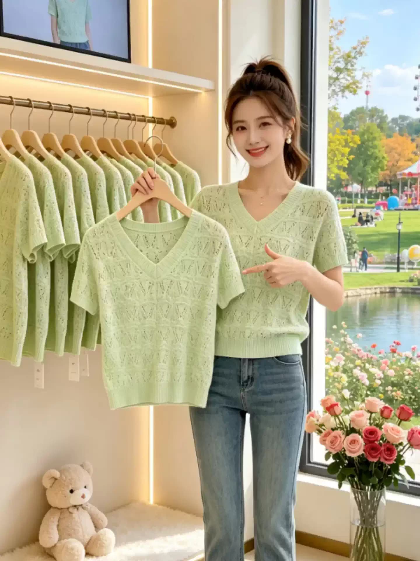 디자인 센스 녹색 홀로우 아웃 V넥 반팔 티셔츠 여성 여름 새로운 외국 가스 연령 감소 다용도 슈퍼 잘 생긴 니트 맨위 상세 이미지 2