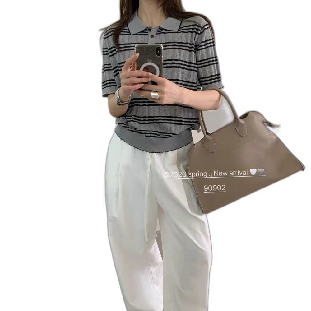 26 년 여름 켜기 새로운 한 부서 레트로 미니멀리즘 POLO 칼라 스트라이프 외국 가스 슬림해 보이는 니트 스웨터 이미지 5
