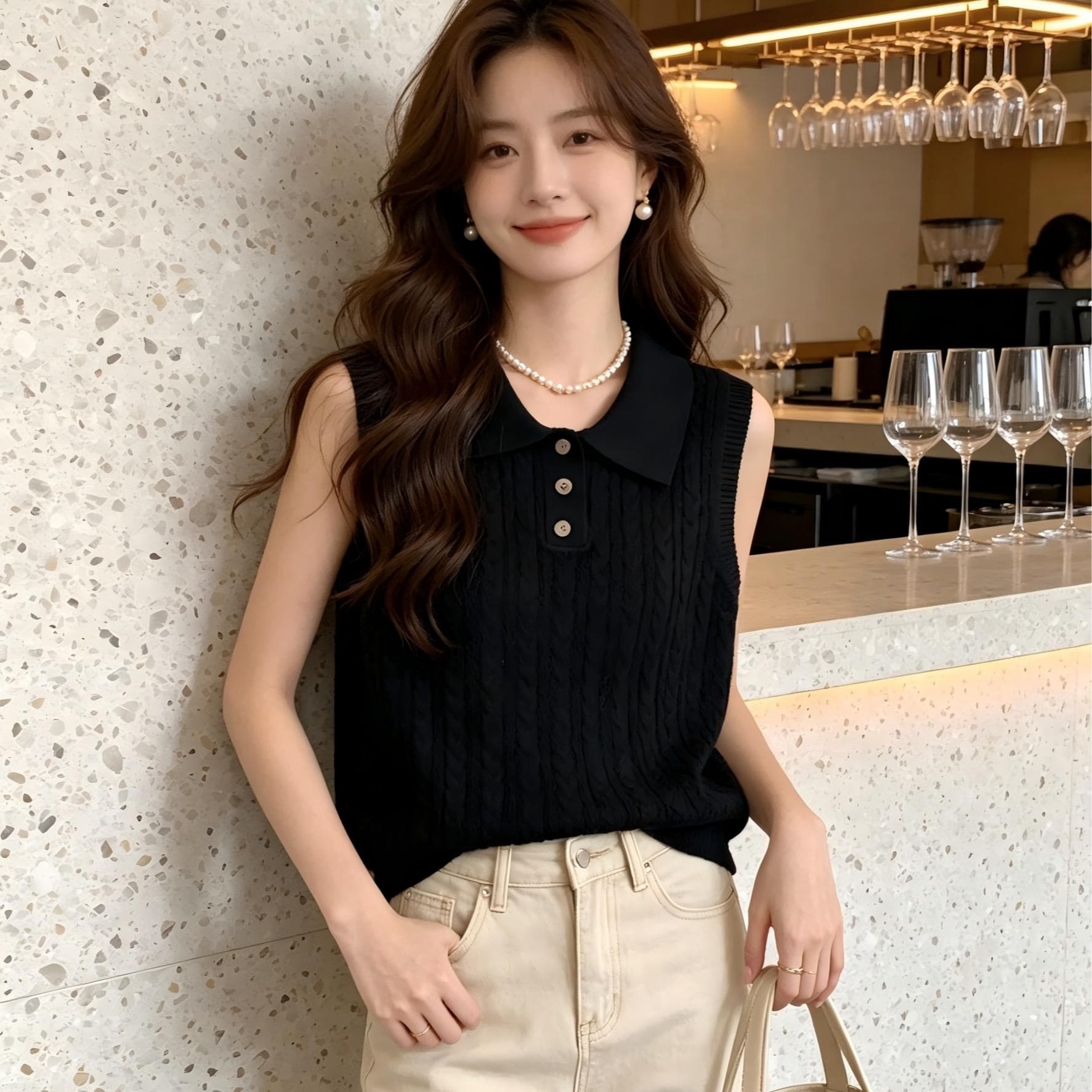 2026 여름 얇은 스타일 폴로 칼라 어깨 조끼 맨위 레트로 POLO 칼라 꽈배기 민소매 니트 스웨터 여성 이미지 4