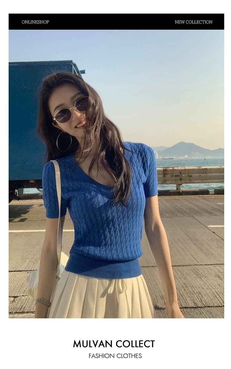 mulvan 오스트리아 시분할 스트라이프 V넥 풀오버 맨위 반팔 여성 여름 레트로 꽈배기 슬림해 보이는 스웨터 상세 이미지 1