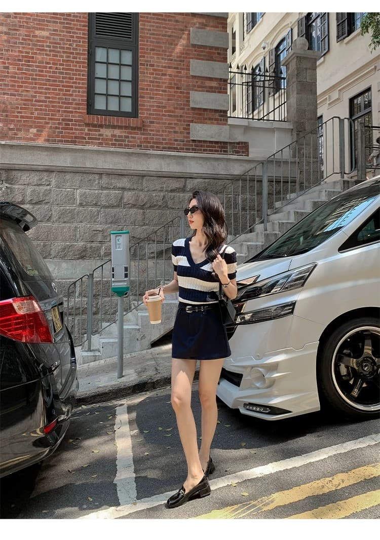 mulvan 오스트리아 시분할 스트라이프 V넥 풀오버 맨위 반팔 여성 여름 레트로 꽈배기 슬림해 보이는 스웨터 상세 이미지 22