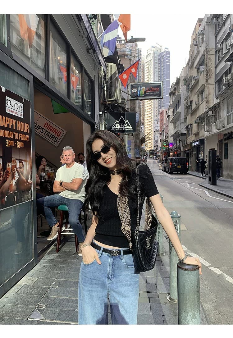mulvan 오스트리아 시분할 스트라이프 V넥 풀오버 맨위 반팔 여성 여름 레트로 꽈배기 슬림해 보이는 스웨터 상세 이미지 36