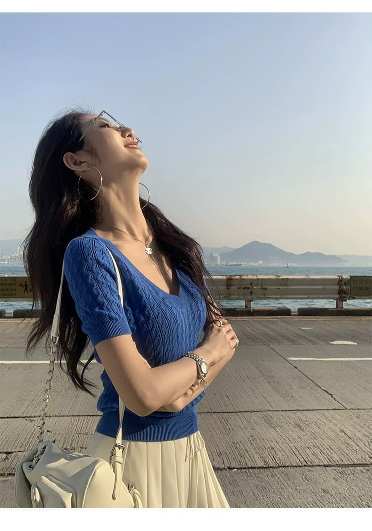 mulvan 오스트리아 시분할 스트라이프 V넥 풀오버 맨위 반팔 여성 여름 레트로 꽈배기 슬림해 보이는 스웨터 상세 이미지 38